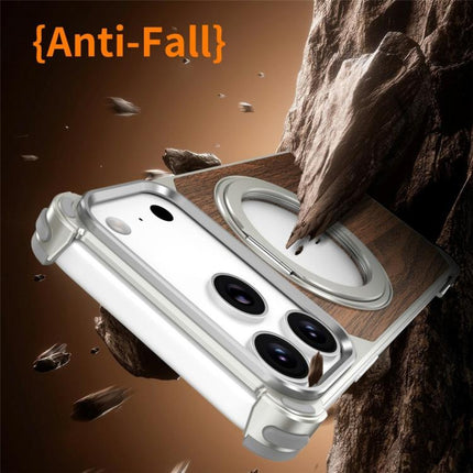 Walnut Wood Frameless Hollow Magnetic Phone Case with Rotating Holder, For iPhone 17 Pro Max, For iPhone 17 Pro