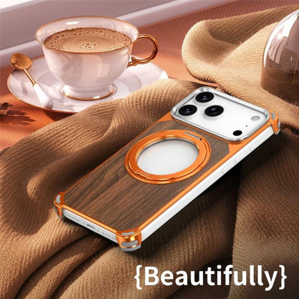 Walnut Wood Frameless Hollow Magnetic Phone Case with Rotating Holder, For iPhone 17 Pro Max, For iPhone 17 Pro