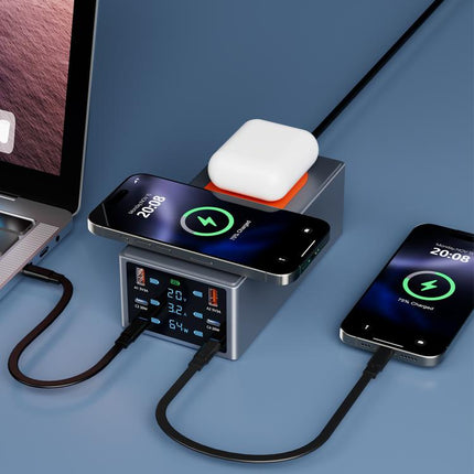 220W Multi-Port Smart Desktop Charging Station with 15W Dual Wireless Charging Function, AU Plug, EU Plug, UK Plug, US Plug