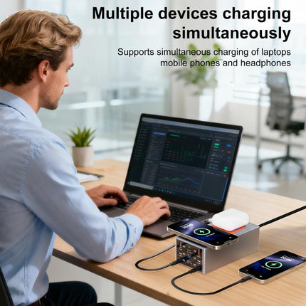 220W Multi-Port Smart Desktop Charging Station with 15W Dual Wireless Charging Function, AU Plug, EU Plug, UK Plug, US Plug