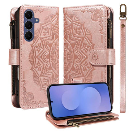 Mandala Embossed 9-Card Zipper RFID Vegan Leather Phone Case with Short Lanyard, For Galaxy S27 Ultra 5G, For Galaxy S27 Pro 5G, For Galaxy S27+ 5G, For Galaxy S26 FE 5G