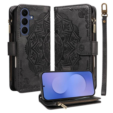 Mandala Embossed 9-Card Zipper RFID Vegan Leather Phone Case with Short Lanyard, For Galaxy S27 Ultra 5G, For Galaxy S27 Pro 5G, For Galaxy S27+ 5G, For Galaxy S26 FE 5G