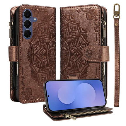 Mandala Embossed 9-Card Zipper RFID Vegan Leather Phone Case with Short Lanyard, For Galaxy S27 Ultra 5G, For Galaxy S27 Pro 5G, For Galaxy S27+ 5G, For Galaxy S26 FE 5G