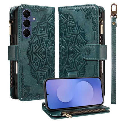 Mandala Embossed 9-Card Zipper RFID Vegan Leather Phone Case with Short Lanyard, For Galaxy S27 Ultra 5G, For Galaxy S27 Pro 5G, For Galaxy S27+ 5G, For Galaxy S26 FE 5G