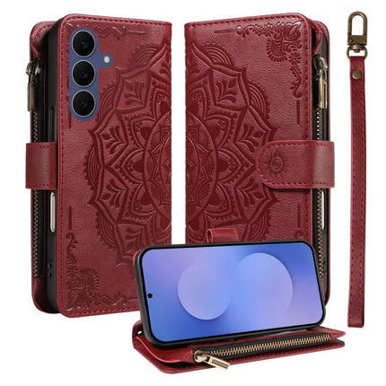 Mandala Embossed 9-Card Zipper RFID Vegan Leather Phone Case with Short Lanyard, For Galaxy S27 Ultra 5G, For Galaxy S27 Pro 5G, For Galaxy S27+ 5G, For Galaxy S26 FE 5G