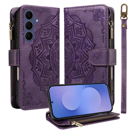 Mandala Embossed 9-Card Zipper RFID Vegan Leather Phone Case with Short Lanyard, For Galaxy S27 Ultra 5G, For Galaxy S27 Pro 5G, For Galaxy S27+ 5G, For Galaxy S26 FE 5G