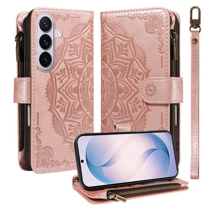 Mandala Embossed 9-Card Zipper RFID Vegan Leather Phone Case with Short Lanyard, For Galaxy S27 Ultra 5G, For Galaxy S27 Pro 5G, For Galaxy S27+ 5G, For Galaxy S26 FE 5G