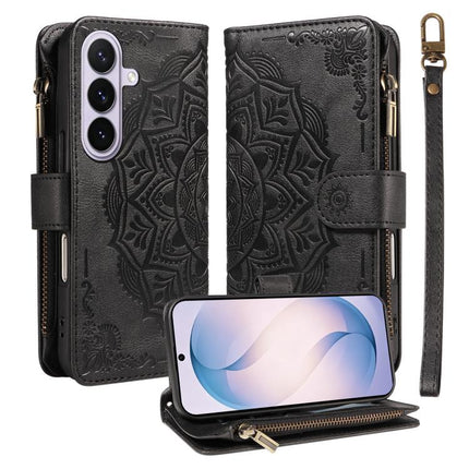 Mandala Embossed 9-Card Zipper RFID Vegan Leather Phone Case with Short Lanyard, For Galaxy S27 Ultra 5G, For Galaxy S27 Pro 5G, For Galaxy S27+ 5G, For Galaxy S26 FE 5G