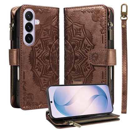 Mandala Embossed 9-Card Zipper RFID Vegan Leather Phone Case with Short Lanyard, For Galaxy S27 Ultra 5G, For Galaxy S27 Pro 5G, For Galaxy S27+ 5G, For Galaxy S26 FE 5G