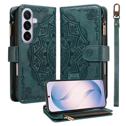 Mandala Embossed 9-Card Zipper RFID Vegan Leather Phone Case with Short Lanyard, For Galaxy S27 Ultra 5G, For Galaxy S27 Pro 5G, For Galaxy S27+ 5G, For Galaxy S26 FE 5G