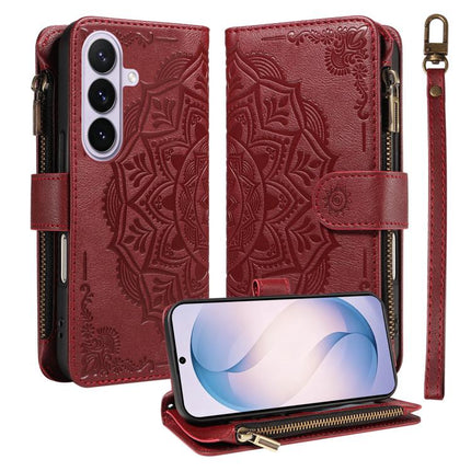 Mandala Embossed 9-Card Zipper RFID Vegan Leather Phone Case with Short Lanyard, For Galaxy S27 Ultra 5G, For Galaxy S27 Pro 5G, For Galaxy S27+ 5G, For Galaxy S26 FE 5G