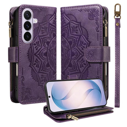 Mandala Embossed 9-Card Zipper RFID Vegan Leather Phone Case with Short Lanyard, For Galaxy S27 Ultra 5G, For Galaxy S27 Pro 5G, For Galaxy S27+ 5G, For Galaxy S26 FE 5G