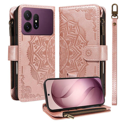 Mandala Embossed 9-Card Zipper RFID Vegan Leather Phone Case with Short Lanyard, For Galaxy S27 Ultra 5G, For Galaxy S27 Pro 5G, For Galaxy S27+ 5G, For Galaxy S26 FE 5G