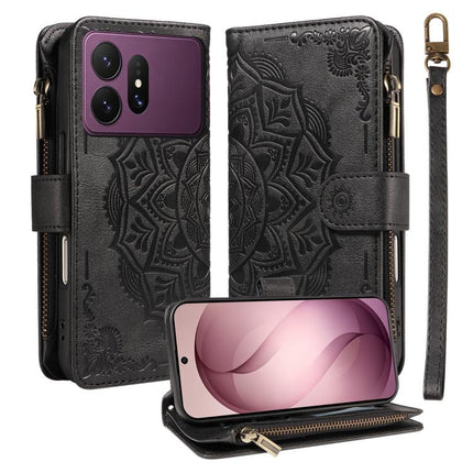 Mandala Embossed 9-Card Zipper RFID Vegan Leather Phone Case with Short Lanyard, For Galaxy S27 Ultra 5G, For Galaxy S27 Pro 5G, For Galaxy S27+ 5G, For Galaxy S26 FE 5G