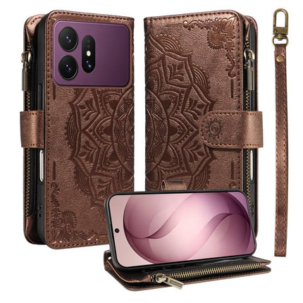 Mandala Embossed 9-Card Zipper RFID Vegan Leather Phone Case with Short Lanyard, For Galaxy S27 Ultra 5G, For Galaxy S27 Pro 5G, For Galaxy S27+ 5G, For Galaxy S26 FE 5G