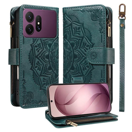 Mandala Embossed 9-Card Zipper RFID Vegan Leather Phone Case with Short Lanyard, For Galaxy S27 Ultra 5G, For Galaxy S27 Pro 5G, For Galaxy S27+ 5G, For Galaxy S26 FE 5G