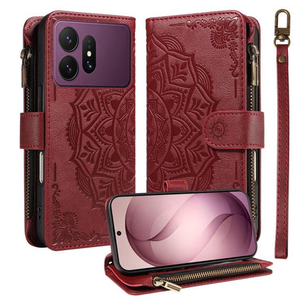 Mandala Embossed 9-Card Zipper RFID Vegan Leather Phone Case with Short Lanyard, For Galaxy S27 Ultra 5G, For Galaxy S27 Pro 5G, For Galaxy S27+ 5G, For Galaxy S26 FE 5G