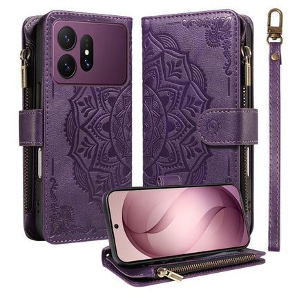 Mandala Embossed 9-Card Zipper RFID Vegan Leather Phone Case with Short Lanyard, For Galaxy S27 Ultra 5G, For Galaxy S27 Pro 5G, For Galaxy S27+ 5G, For Galaxy S26 FE 5G