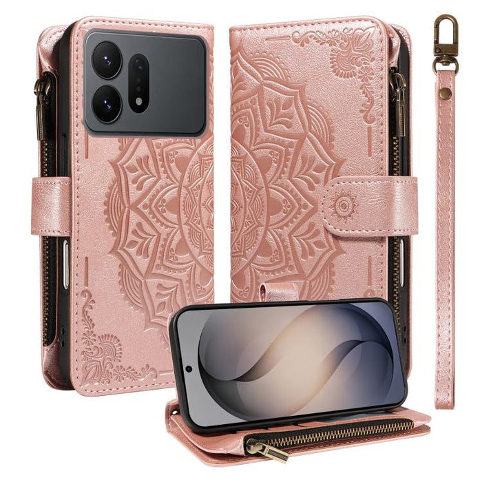 Mandala Embossed 9-Card Zipper RFID Vegan Leather Phone Case with Short Lanyard, For Galaxy S27 Ultra 5G, For Galaxy S27 Pro 5G, For Galaxy S27+ 5G, For Galaxy S26 FE 5G