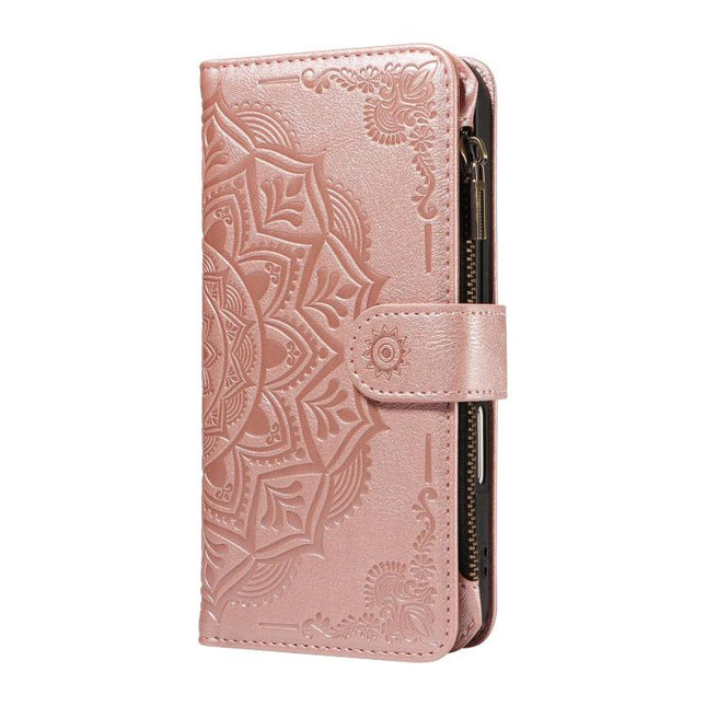 Mandala Embossed 9-Card Zipper RFID Vegan Leather Phone Case with Short Lanyard, For Galaxy S27 Ultra 5G, For Galaxy S27 Pro 5G, For Galaxy S27+ 5G, For Galaxy S26 FE 5G