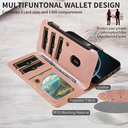 Mandala Embossed 9-Card Zipper RFID Vegan Leather Phone Case with Short Lanyard, For Galaxy S27 Ultra 5G, For Galaxy S27 Pro 5G, For Galaxy S27+ 5G, For Galaxy S26 FE 5G