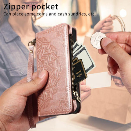 Mandala Embossed 9-Card Zipper RFID Vegan Leather Phone Case with Short Lanyard, For Galaxy S27 Ultra 5G, For Galaxy S27 Pro 5G, For Galaxy S27+ 5G, For Galaxy S26 FE 5G
