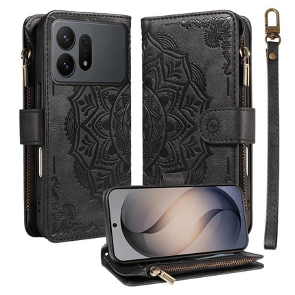Mandala Embossed 9-Card Zipper RFID Vegan Leather Phone Case with Short Lanyard, For Galaxy S27 Ultra 5G, For Galaxy S27 Pro 5G, For Galaxy S27+ 5G, For Galaxy S26 FE 5G