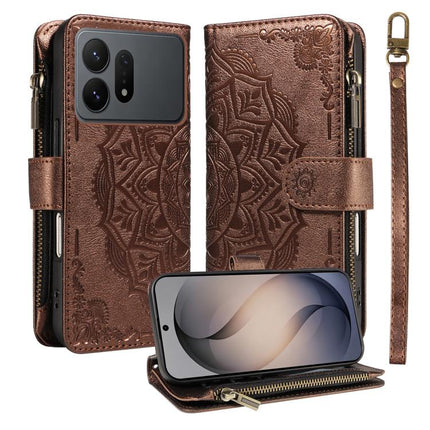 Mandala Embossed 9-Card Zipper RFID Vegan Leather Phone Case with Short Lanyard, For Galaxy S27 Ultra 5G, For Galaxy S27 Pro 5G, For Galaxy S27+ 5G, For Galaxy S26 FE 5G