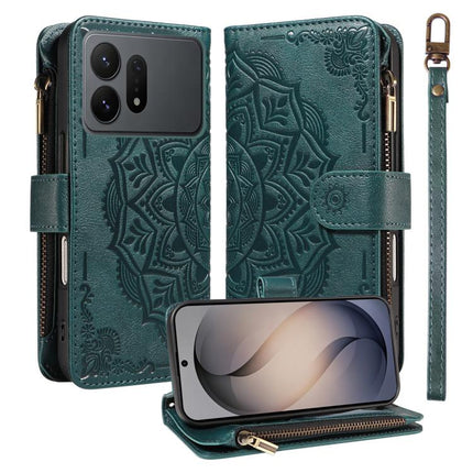 Mandala Embossed 9-Card Zipper RFID Vegan Leather Phone Case with Short Lanyard, For Galaxy S27 Ultra 5G, For Galaxy S27 Pro 5G, For Galaxy S27+ 5G, For Galaxy S26 FE 5G