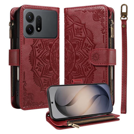 Mandala Embossed 9-Card Zipper RFID Vegan Leather Phone Case with Short Lanyard, For Galaxy S27 Ultra 5G, For Galaxy S27 Pro 5G, For Galaxy S27+ 5G, For Galaxy S26 FE 5G