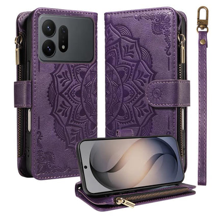 Mandala Embossed 9-Card Zipper RFID Vegan Leather Phone Case with Short Lanyard, For Galaxy S27 Ultra 5G, For Galaxy S27 Pro 5G, For Galaxy S27+ 5G, For Galaxy S26 FE 5G
