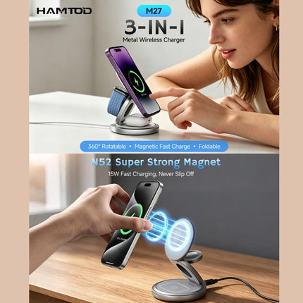 HAMTOD M27 15W Rotatable Foldable 3 in 1 Metal Magnetic Wireless Charger Stand