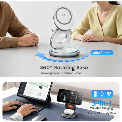 HAMTOD M27 15W Rotatable Foldable 3 in 1 Metal Magnetic Wireless Charger Stand