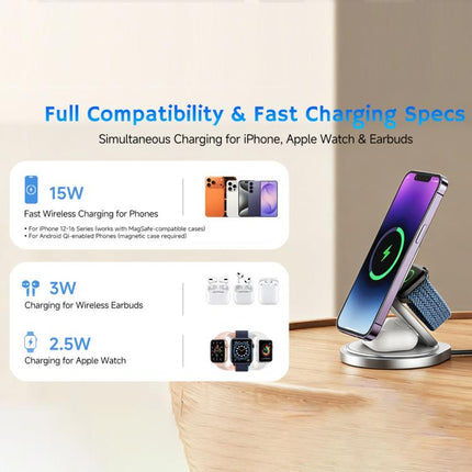 HAMTOD M27 15W Rotatable Foldable 3 in 1 Metal Magnetic Wireless Charger Stand