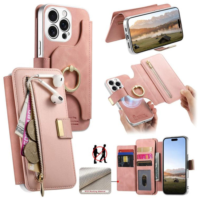 Precision Hole Silver-Edged Ring RFID Blocking Zipper Wallet Magnetic Vegan Leather Phone Case, For iPhone 17e / 16e, For iPhone 16 Pro Max, For iPhone 16 Pro