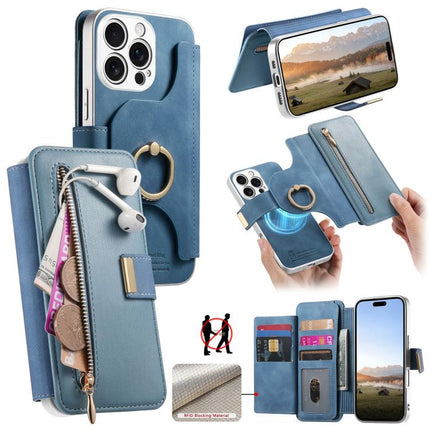 Precision Hole Silver-Edged Ring RFID Blocking Zipper Wallet Magnetic Vegan Leather Phone Case, For iPhone 17, For iPhone 16 Pro Max, For iPhone 16 Pro