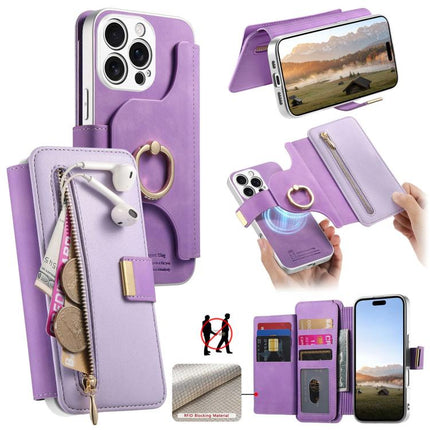 Precision Hole Silver-Edged Ring RFID Blocking Zipper Wallet Magnetic Vegan Leather Phone Case, For iPhone 17, For iPhone 16 Pro Max, For iPhone 16 Pro