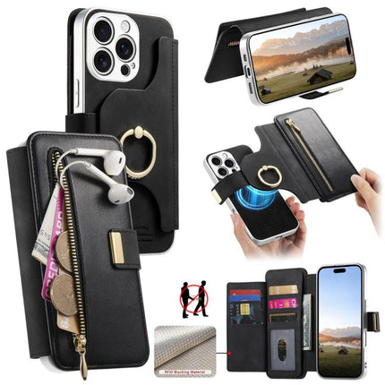 Precision Hole Silver-Edged Ring RFID Blocking Zipper Wallet Magnetic Vegan Leather Phone Case, For iPhone 17, For iPhone 16 Pro Max, For iPhone 16 Pro