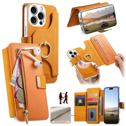 Precision Hole Silver-Edged Ring RFID Blocking Zipper Wallet Magnetic Vegan Leather Phone Case, For iPhone 17, For iPhone 16 Pro Max, For iPhone 16 Pro