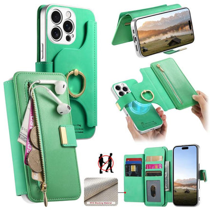 Precision Hole Silver-Edged Ring RFID Blocking Zipper Wallet Magnetic Vegan Leather Phone Case, For iPhone 17, For iPhone 16 Pro Max, For iPhone 16 Pro