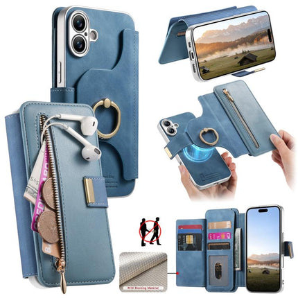Precision Hole Silver-Edged Ring RFID Blocking Zipper Wallet Magnetic Vegan Leather Phone Case, For iPhone 17, For iPhone 16 Pro Max, For iPhone 16 Pro
