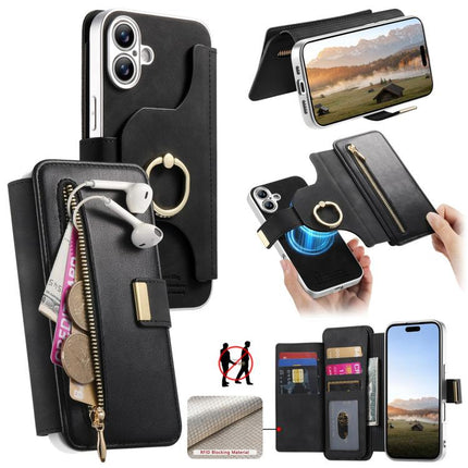 Precision Hole Silver-Edged Ring RFID Blocking Zipper Wallet Magnetic Vegan Leather Phone Case, For iPhone 17, For iPhone 16 Pro Max, For iPhone 16 Pro