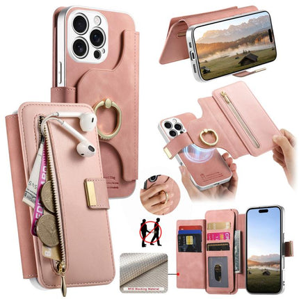 Precision Hole Silver-Edged Ring RFID Blocking Zipper Wallet Magnetic Vegan Leather Phone Case, For iPhone 17e / 16e, For iPhone 16 Pro Max, For iPhone 16 Pro