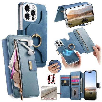 Precision Hole Silver-Edged Ring RFID Blocking Zipper Wallet Magnetic Vegan Leather Phone Case, For iPhone 17e / 16e, For iPhone 16 Pro Max, For iPhone 16 Pro