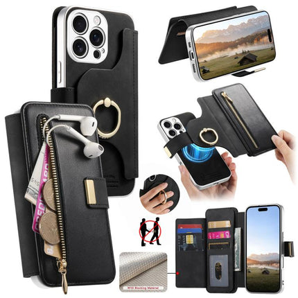 Precision Hole Silver-Edged Ring RFID Blocking Zipper Wallet Magnetic Vegan Leather Phone Case, For iPhone 17e / 16e, For iPhone 16 Pro Max, For iPhone 16 Pro