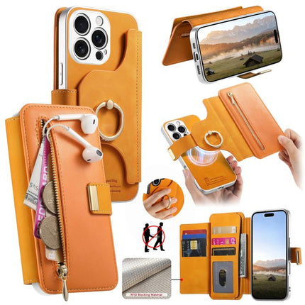 Precision Hole Silver-Edged Ring RFID Blocking Zipper Wallet Magnetic Vegan Leather Phone Case, For iPhone 17e / 16e, For iPhone 16 Pro Max, For iPhone 16 Pro
