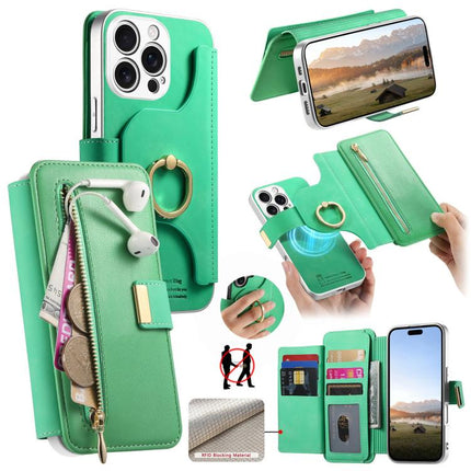 Precision Hole Silver-Edged Ring RFID Blocking Zipper Wallet Magnetic Vegan Leather Phone Case, For iPhone 17e / 16e, For iPhone 16 Pro Max, For iPhone 16 Pro