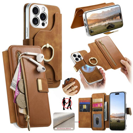 Precision Hole Silver-Edged Ring RFID Blocking Zipper Wallet Magnetic Vegan Leather Phone Case, For iPhone 17e / 16e, For iPhone 16 Pro Max, For iPhone 16 Pro