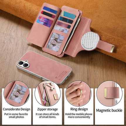 Precision Hole Silver-Edged Ring RFID Blocking Zipper Wallet Magnetic Vegan Leather Phone Case, For iPhone 16 Plus, For iPhone 16, For iPhone 15 Pro Max