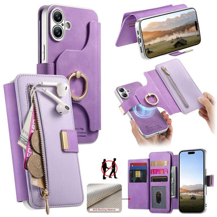 Precision Hole Silver-Edged Ring RFID Blocking Zipper Wallet Magnetic Vegan Leather Phone Case, For iPhone 16 Plus, For iPhone 16, For iPhone 15 Pro Max